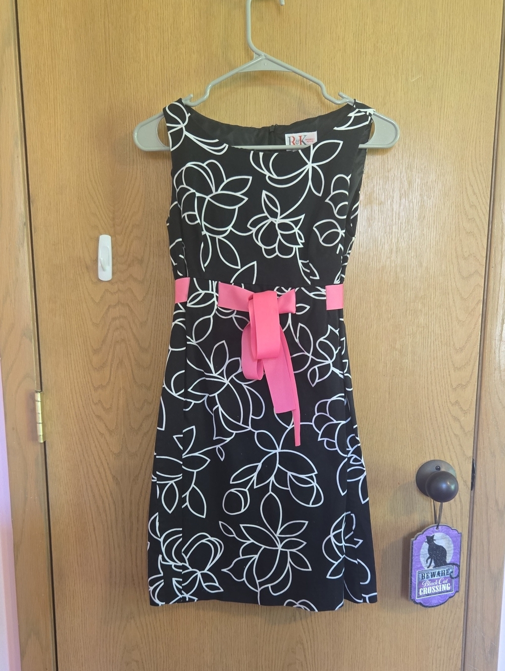 R & K Black Floral Dress with Pink Belt
